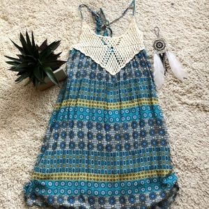 Blue and Yellow Boho Dress with Crochet